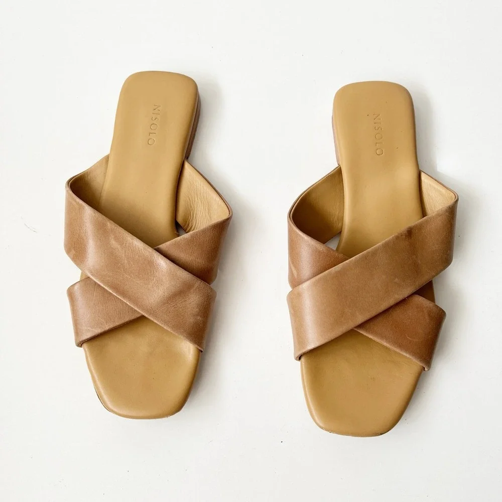 Nisolo Catalina Slide Sandals Slip On Cross Square Toe Almond‎ Tan Size 9.5